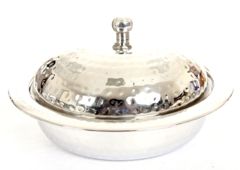 Stainless Steel Curry Dish With Lid - Hammered - 7.5 inches
